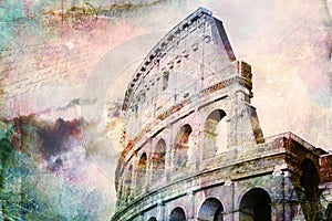 Abstract digital art of Colosseum, Rome. Old paper. Postcard, high resolution, printable on canvas