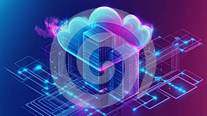 Abstract Cloud Computing Server Network Digital Technology Data Center web neon blue pink lines board purple
