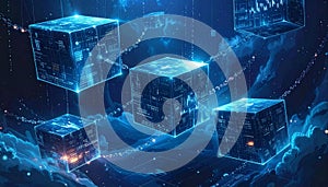Futuristic Blockchain Network with Glowing Cubes and Chains