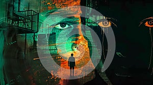 Abstract digital art depicting a figure with imposing eyes overlaid, symbolizing surveillance photo