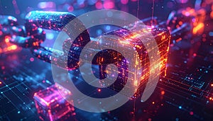 Futuristic Blockchain Network with Glowing Data Cubes