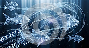 Digital Fish School Swimming in Binary Code Stream - Tech and Data Concept