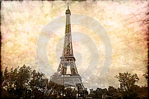 Abstract digital art of Eiffel Tower in Paris. Old paper. Postcard, high resolution, printable on canvas