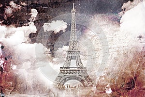 Abstract digital art of Eiffel Tower in Paris. Old paper. Postcard, high resolution, printable on canvas