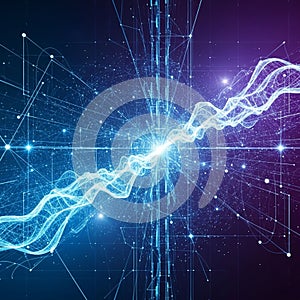 Featuring an intricate network of blue and white lines emanating from a