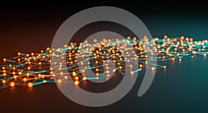 Abstract digital art featuring a network of glowing orange nodes interconnected by thin,
