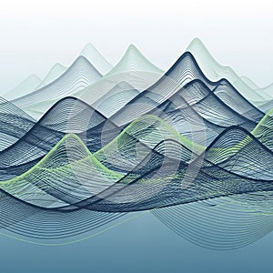 Abstract digital art featuring undulating waveforms in gradient shades of blue and green. The image