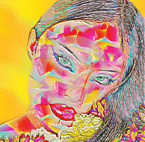 Abstract digital art of floral and woman's face combined.