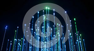 Abstract digital art of glowing lines and dots against a dark background, representing data flow