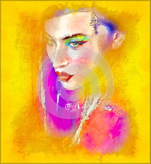 Abstract digital art of Indian or Asian woman's face, close up with colorful veil.