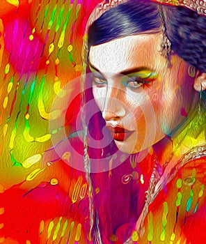 Abstract digital art of Indian or Asian woman's face, close up with colorful veil. An oil paint effect and glowing lights are