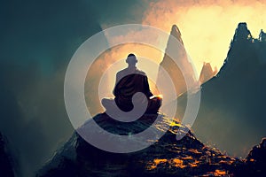 Abstract digital art of monk meditation enlightenment background, mindful and spiritual concept