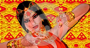 Abstract digital art of mysterious Indian or Asian fantasy woman.