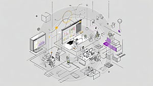 Abstract Digital Art Futuristic Isometric Technology Network Data Flow Grid White Background