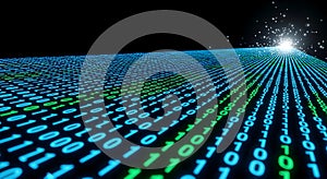 Digital binary code data stream leading to a bright light in the dark