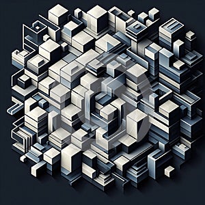 Abstract digital artwork of a complex structure composed of geometric shapes
