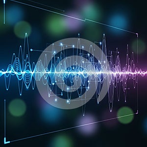 Artwork depicting sound waves or frequency patterns in a dynamic oscillati