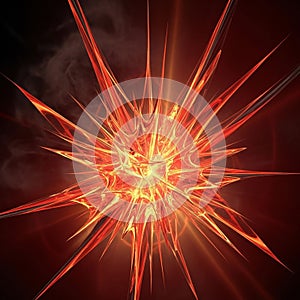 An abstract digital artwork features a bright, fiery explosion