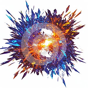 An abstract digital artwork features a dynamic explosion of sharp, angular shards in