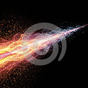 Abstract digital artwork features a dynamic stream of glowing, wavy lines in bright