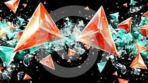 Abstract Orange and Teal Tetrahedrons Exploding in Space photo
