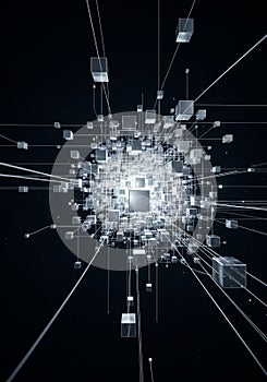 Abstract digital artwork featuring a complex network of