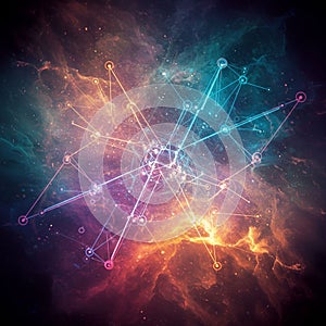 Abstract digital artwork featuring a complex network of interconnected nodes over a