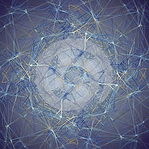 A complex network of interwoven lines and nodes, forming a geometric,