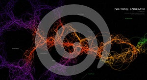 An abstract digital artwork featuring a complex web of tangled lines in various colors,