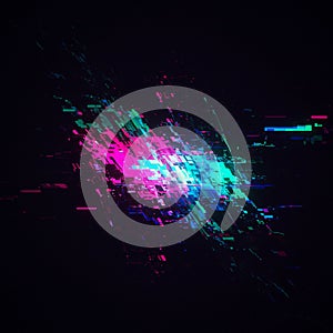 Abstract digital artwork featuring a dynamic array of pixelated blocks in neon pink,