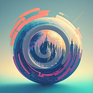 abstract digital artwork featuring a globe with buildings inside, set against a colorful background