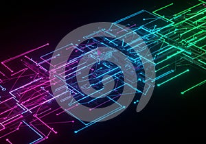 Abstract digital artwork featuring interconnected circuit lines in neon colorsâpink,