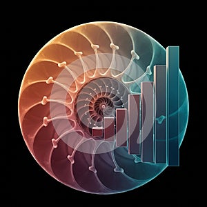 An abstract digital artwork featuring a nautilus shell spiral pattern, transitioning from