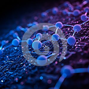 Abstract digital artwork featuring a network of interconnected glowing blue spheres,