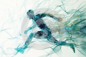 Abstract digital artwork of a human figure in motion, representing biomechanical analysis