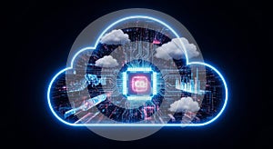 Digital Cloud Computing Concept with Circuitry, Data Streams, and Neon Glow technology