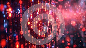 Abstract Binary Code Background with Red and Blue Glowing Particles, Data Flow