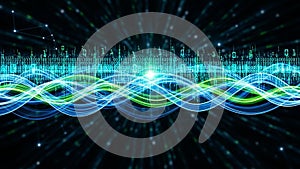 Digital binary code and glowing light waves on dark background data technology