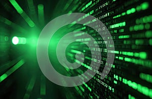 Abstract digital background with binary code in green color. Futuristic digital network, cyberspace, programming science concept.