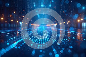 Abstract digital background with binary code and light rays on dark blue