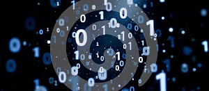 Abstract digital background with binary numbers, ones and zeros, floating in blue on dark background, data processing, coding,