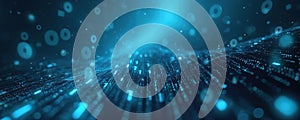Abstract digital background with blue binary data network, coding, software algorithm. Modern tech with futuristic cyberspace