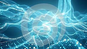 Abstract digital background with blue glowing lines and binary code