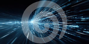 Abstract digital background with blue light streaks and binary code elements creating a sense of speed and technology in a