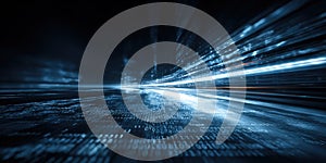 Abstract digital background with blue light streaks and binary code representing data flow and technology in a futuristic
