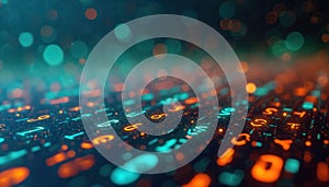Abstract digital background with colorful binary code, bokeh lights. Futuristic tech design for data analysis, innovation, AI,