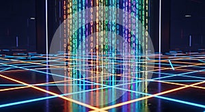 Abstract digital background with colorful binary code streams and neon grid lines design