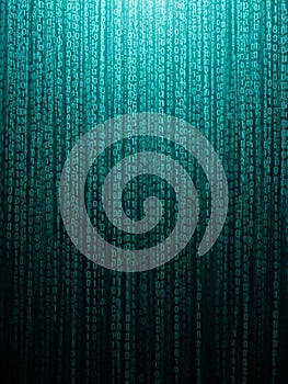 Abstract digital background of falling binary code in teal and black data technology