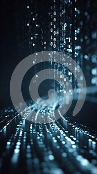 Abstract digital background featuring streams of binary code and glowing data particles flowing through a dark cyberspace