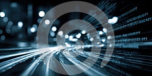 Abstract digital background with flowing light trails and binary code elements, representing technology, data transfer, and modern